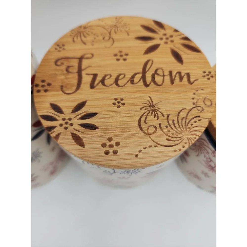 Temptations By Tara Set Of 3 Patriotic Cannisters W/Bamboo Lids